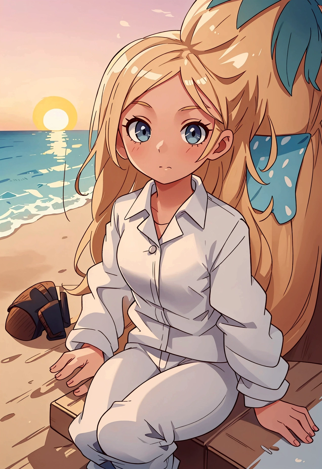 A girl in a white shirt and pants blonde haired sitting on beach and looking at sunset in evening detailed beach detailed sky detailed girl looking at sunset in evening sitting on a beach 