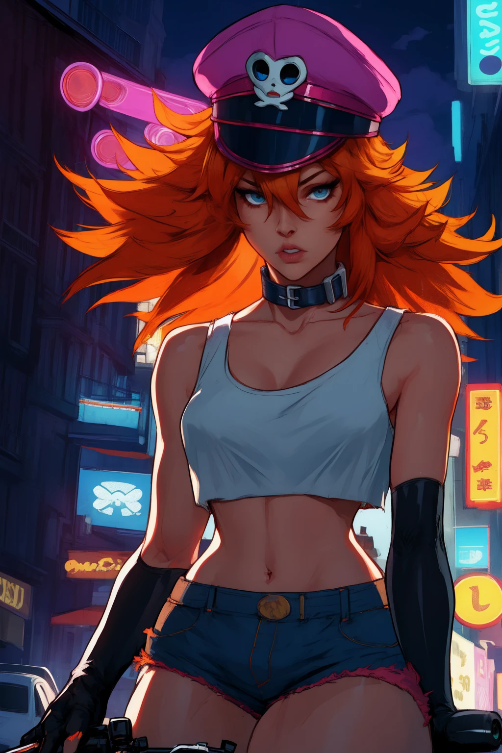 roxy,orange hair,blue eyes,long hair,white crop top,single elbow glove,collar,short red shorts,
peaked cap,
upper body,looking at viewer
driving a motocicle,night,neon lights,streets,
(insanely detailed, masterpiece, best quality),solo,