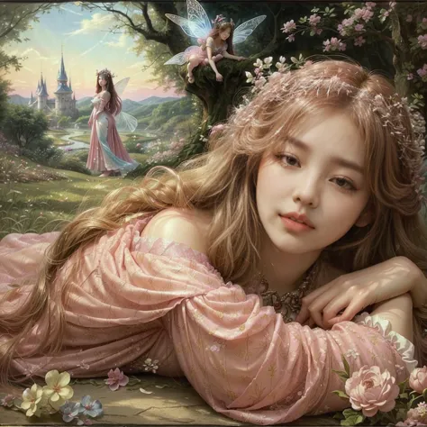 a korean girl with big breasts in a pink dress lying on the floor with long wavy hair with a fairy tale in the background, lovel...