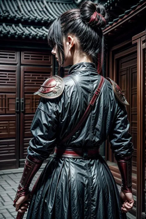 A beautiful chinese women warrior, weapon, 1girl, red full armor, sword, black_hair, bun hairstyle, holding, dual_wielding, solo...