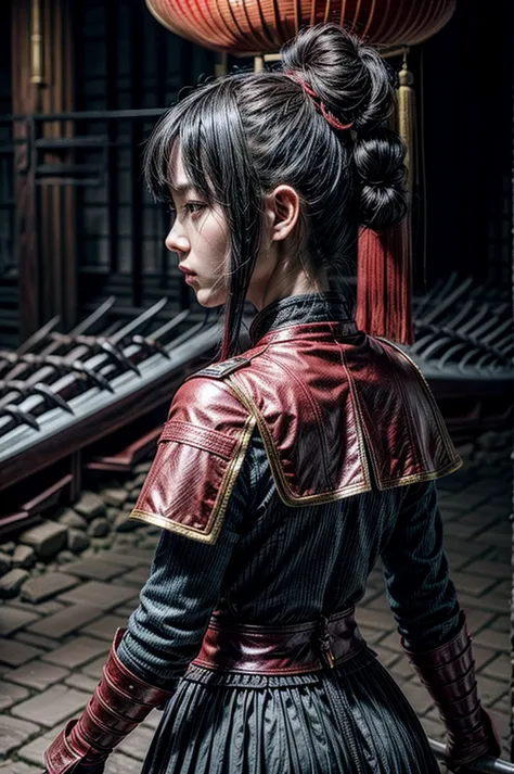 A beautiful chinese women warrior, weapon, 1girl, red full armor, sword, black_hair, bun hairstyle, holding, dual_wielding, solo...