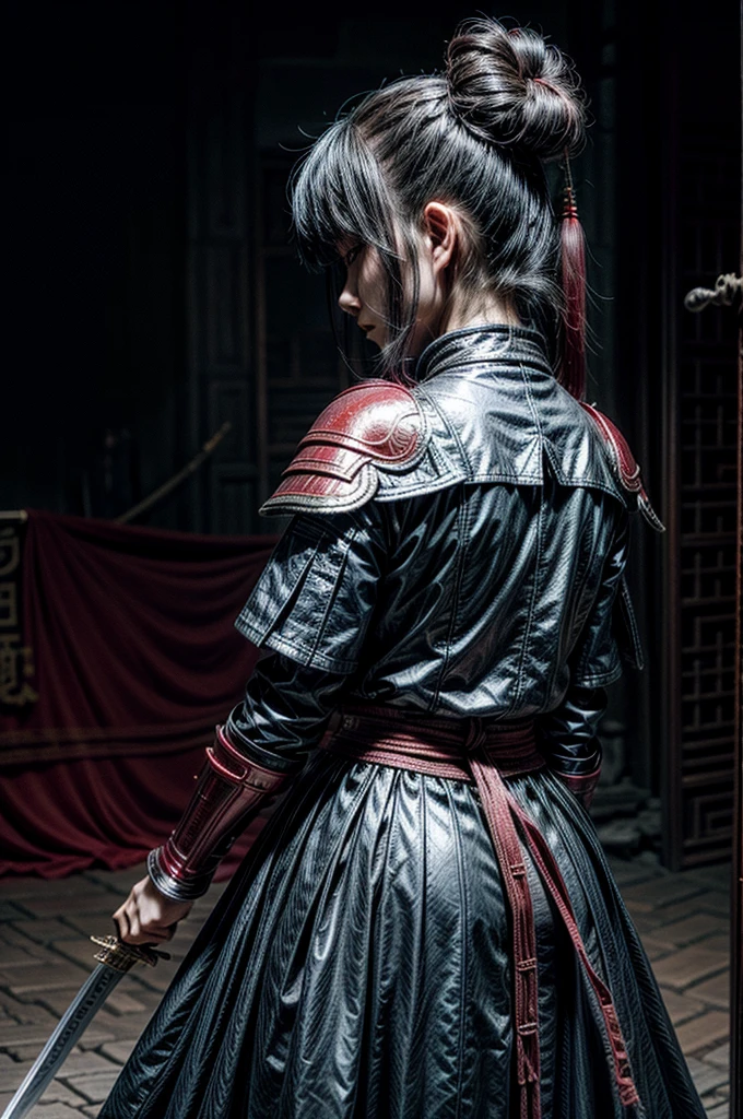 A beautiful chinese women warrior, weapon, 1girl, red full armor, sword, black_hair, bun hairstyle, holding, dual_wielding, solo_focus, holding_weapon, holding_sword, old chinese background, brown_eyes, view from behind