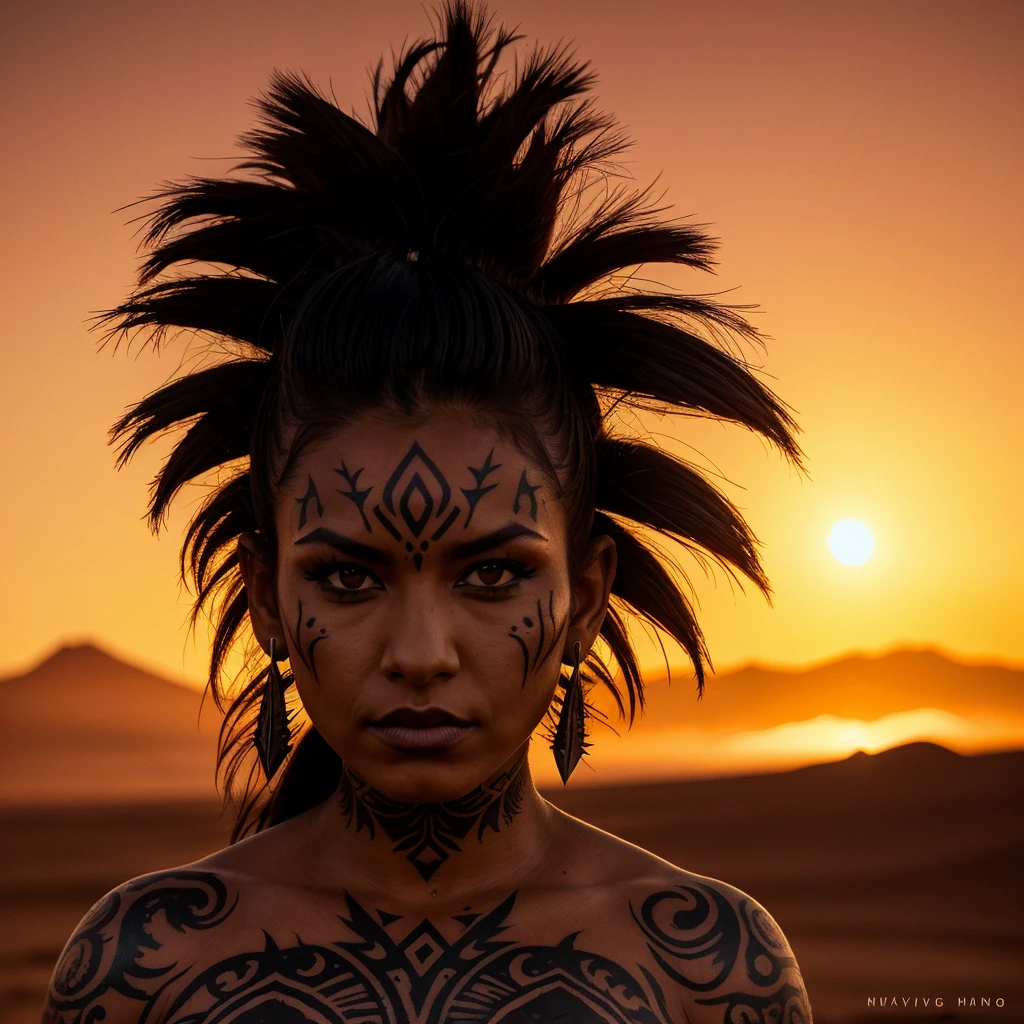 cheveux saiyan foncés et hérissés, belle jeune femme tribale Maui avec des tatouages de visage extraterrestres, piercings pour les lèvres et le nez, désert poussiéreux brun sec extraterrestre, coucher de soleil, Réaliste, ombres sombres, texture, détails, 4K haute résolution, Contraste élevé, photo de beauté cinématographique, effets visuels, film apocalyptique
