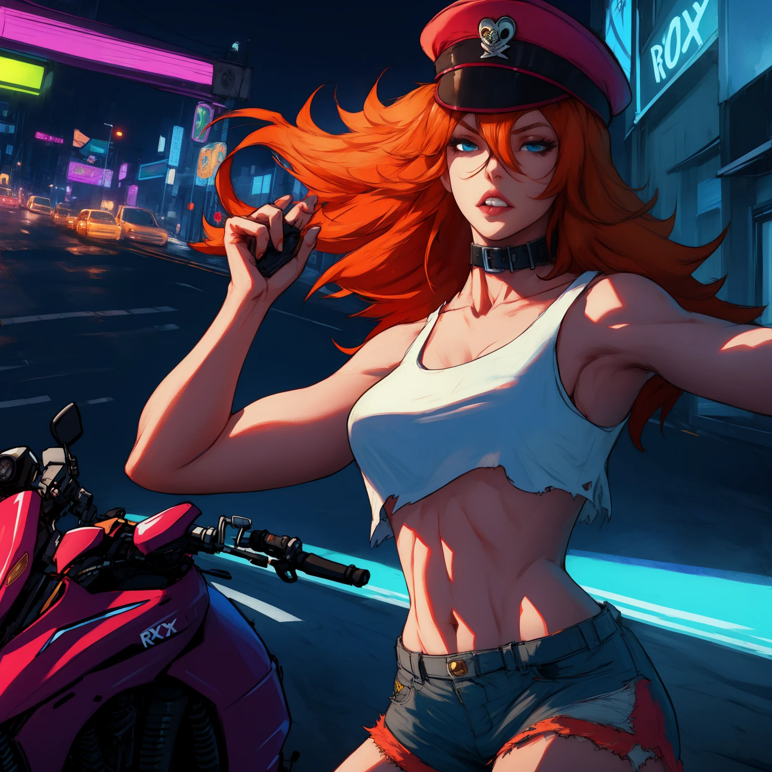 roxy,orange hair,blue eyes,long hair,white crop top,single elbow glove,collar,short red shorts,
peaked cap,
upper body,looking at viewer
driving a motocicle,night,neon lights,streets,
(insanely detailed, masterpiece, best quality),solo,