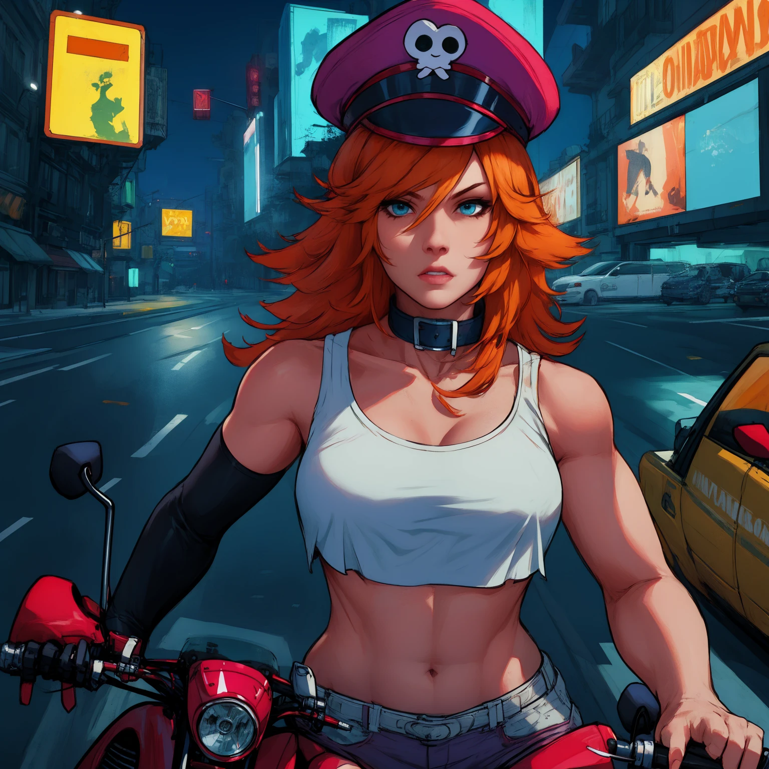 roxy,orange hair,blue eyes,long hair,white crop top,single elbow glove,collar,short red shorts,
peaked cap,
upper body,looking at viewer
driving a motocicle,night,neon lights,streets,
(insanely detailed, masterpiece, best quality),solo,