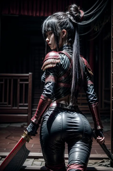 A beautiful chinese women warrior, weapon, 1girl, red full armor, sword, black_hair, bun hairstyle, holding, dual_wielding, solo...