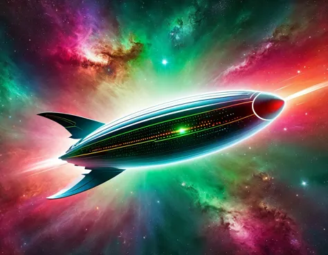 "A high-tech starship navigating through a colorful cosmic expanse, featuring a gradient backdrop from green to red with scatter...