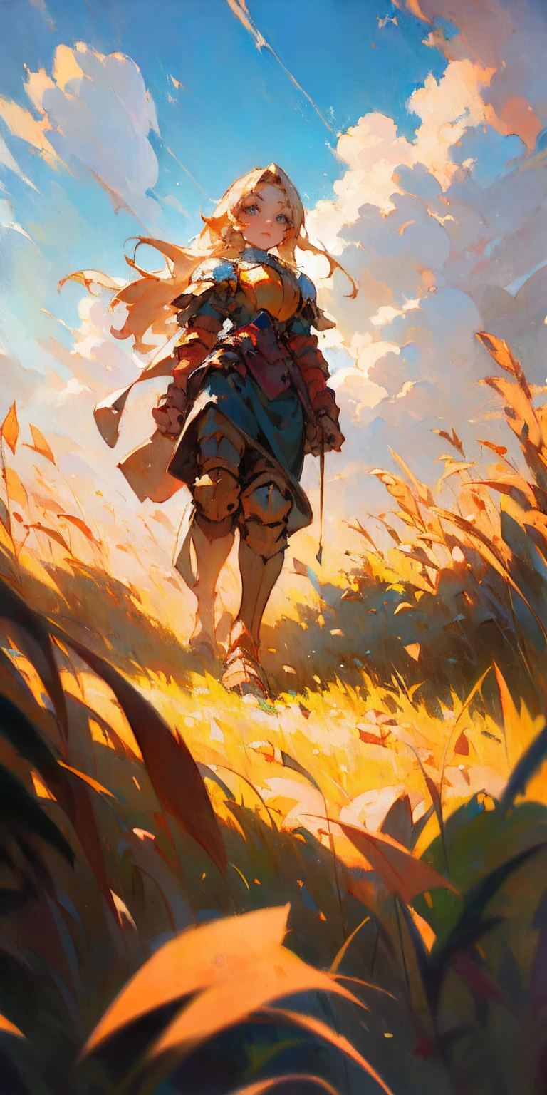 stunning painting of a knight with long blonde hair, wheat field, epic clouds ((painterly)) ((impressionist)) vibrant, soft edges (((warm glow))) full body whole body view from below 1sologirl, feet together, view from below while walking to the viewer