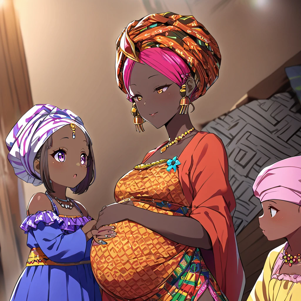 ((Highest quality)), ((masterpiece)), (detailed), （Perfect Face）、The woman is Momo Belia Deviluke, a Ghanaian by birth, with a vibrant dark skin, black by birth, and is wearing a vibrant Ghanaian dress, a vibrant turban head scarf, gorgeous jeweled accessories, and an engagement ring.、The woman was the elegant Momo Belia Deviluke, with pink afro short bob hair tied up in Ghana braids, wearing a colorful Ghanaian dress and a colorful turban head scarf, with vibrant dark brown skin, a natural-born black and Ghanaian, Momo Belia Deviluke.、（The woman is a black Ghanaian with vivid dark brown skin.）、The woman is chatting with other village girls while babysitting in a village in Ghana.、The women are pregnant、The women are holding their baby daughters