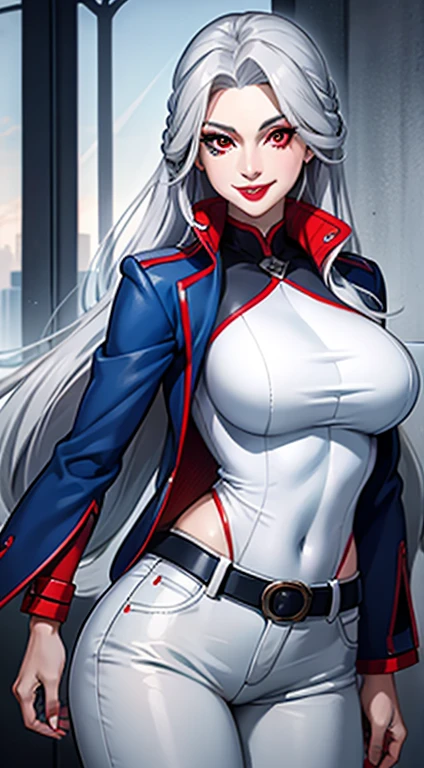 Adult woman, long gray hair, red eyes, red eyeshadow, blue lipstick, blue jacket, white pants , large breasts, Smile, Masterpiece, hiquality, 4k, HD, Good detail