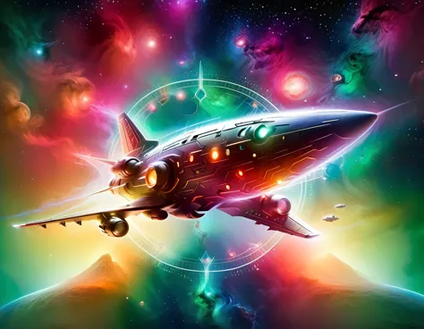 "a high-tech starship navigating through a colorful cosmic expanse, featuring a gradient backdrop from green to red with scatter...