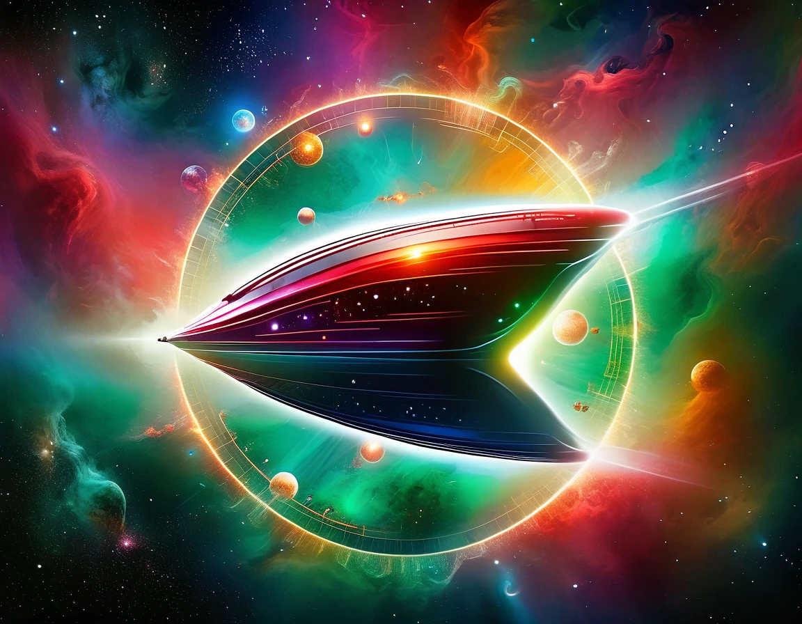 "A high-tech starship navigating through a colorful cosmic expanse, featuring a gradient backdrop from green to red with scattered stars. The ship’s design includes a large circular front section, an extended body, and external nacelles, all highlighted by metallic textures and intricate details."
