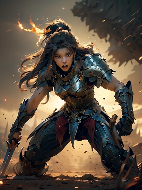 young lady knight, powerful aura, unleashing a slash, dynamic pose, glowing energy, intense expression, detailed armor, fantasy setting, battle scene, vibrant colors, magic, flowing hair, epic, fierce, shining sword, action, dramatic lighting, high contrast, sparks, mystical, warrior, heroic, ethereal, enchanted, strong, determined, anime style, intricate design, motion blur, radiant, fierce battle, medieval fantasy, power, dramatic, swirling energy