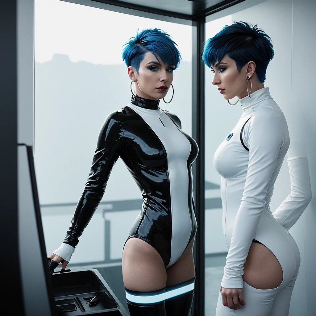 cinematic shot, short blue haired sci fi punk caucasian women with piercings with black leather sci fi bodysuit, sleek white sci fi interior, shadows, specular, specular, reflection, realistic, details, textures, VFX, CGI, bulma
