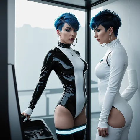 cinematic shot, short blue haired sci fi punk caucasian women with piercings with black leather sci fi bodysuit, sleek white sci...