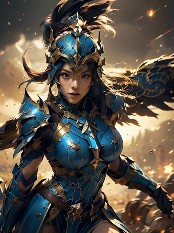 (((porfect (best) human face detailed))),young lady knight, powerful aura, unleashing a slash, dynamic pose, glowing energy, intense expression, detailed armor, fantasy setting, battle scene, vibrant colors, magic, flowing hair, epic, fierce, shining sword, action, dramatic lighting, high contrast, sparks, mystical, warrior, heroic, ethereal, enchanted, strong, determined, anime style, intricate design, motion blur, radiant, fierce battle, medieval fantasy, power, dramatic, swirling energy, beautiful warrior woman in golden greek armor, porfect human face detailed, Jet black hair, hoplite helmet, muscular, huge naked breasts, I look at the viewer, foreground, model photo poses, work of art, best qualityer, 8K, nblurry background, medieval fantasy castle in the background