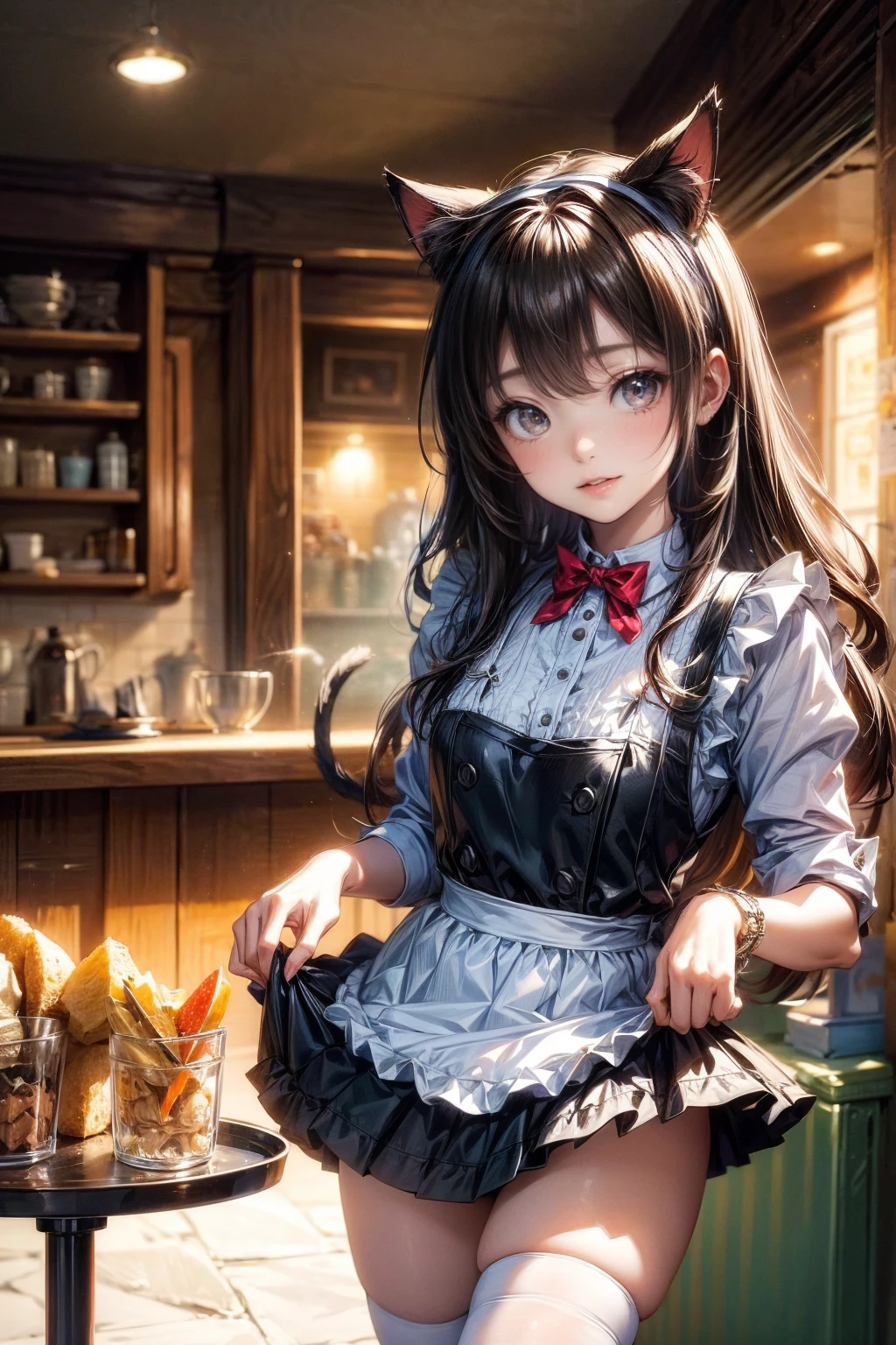 One Girl、(20-year-old woman)、Cat ears headband、Cat tail、Black maid outfit、Holding a tray with two parfaits on it in one hand、With the other hand, lift your skirt to show your underwear、Short skirt、I can see your pants、White knee-high socks、Striped pants、Highest quality、8K、Beautiful Face、Mischievous smile、Wink to the viewer、View Viewer、A bright cafe with a black cat