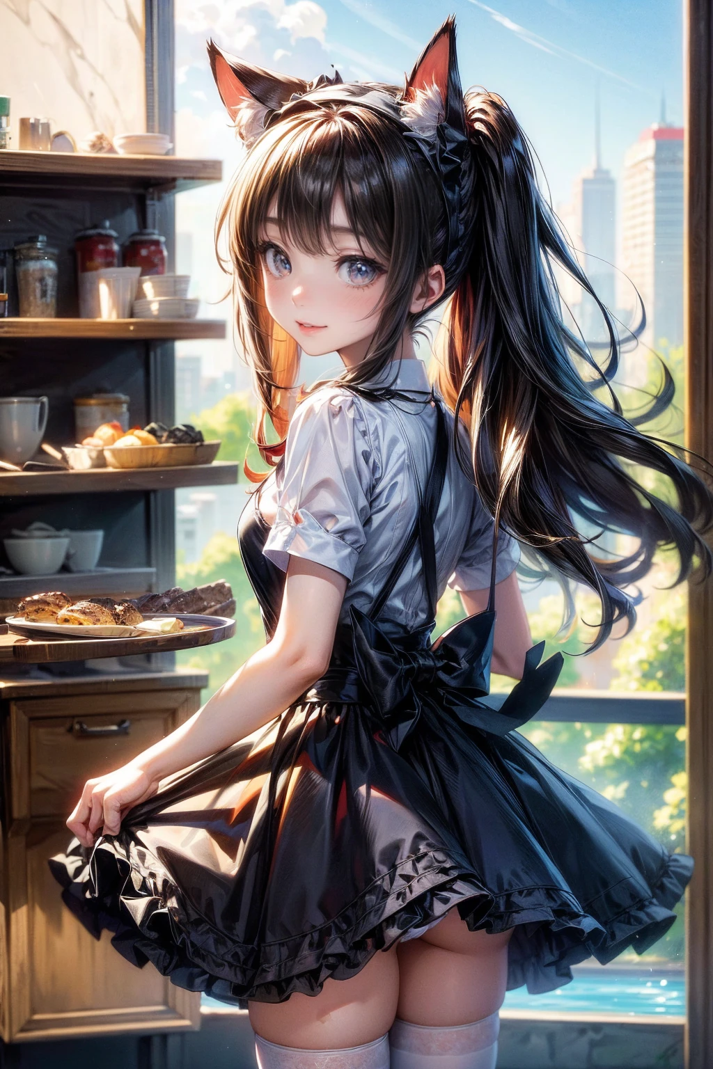 One Girl、(20-year-old woman)、Cat ears headband、Cat tail、Black maid outfit、Holding a tray with two parfaits on it in one hand、With the other hand, lift your skirt to show your underwear、Short skirt、I can see your pants、White knee-high socks、Striped pants、Highest quality、8K、Beautiful Face、Mischievous smile、Wink to the viewer、View Viewer、A bright cafe with a black cat