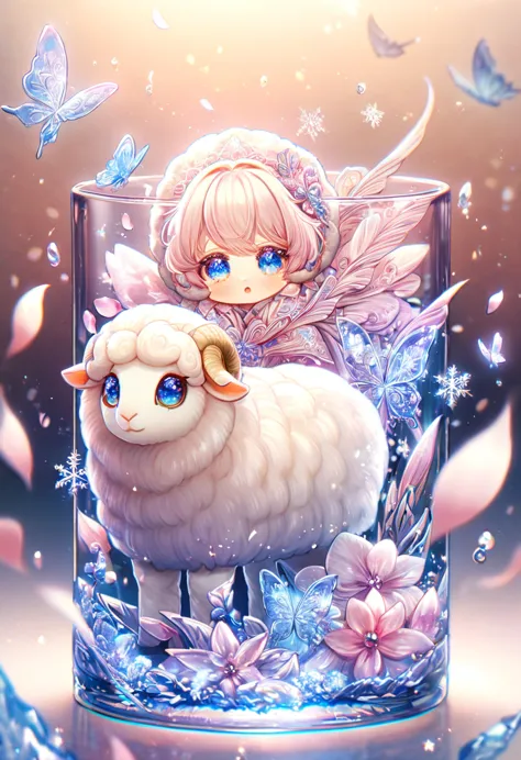 Ultra detailed, HDR, Highres, absurdres, master piece, white sheep, expressive blue eyes, glass, ice glittering butterflies, ice...