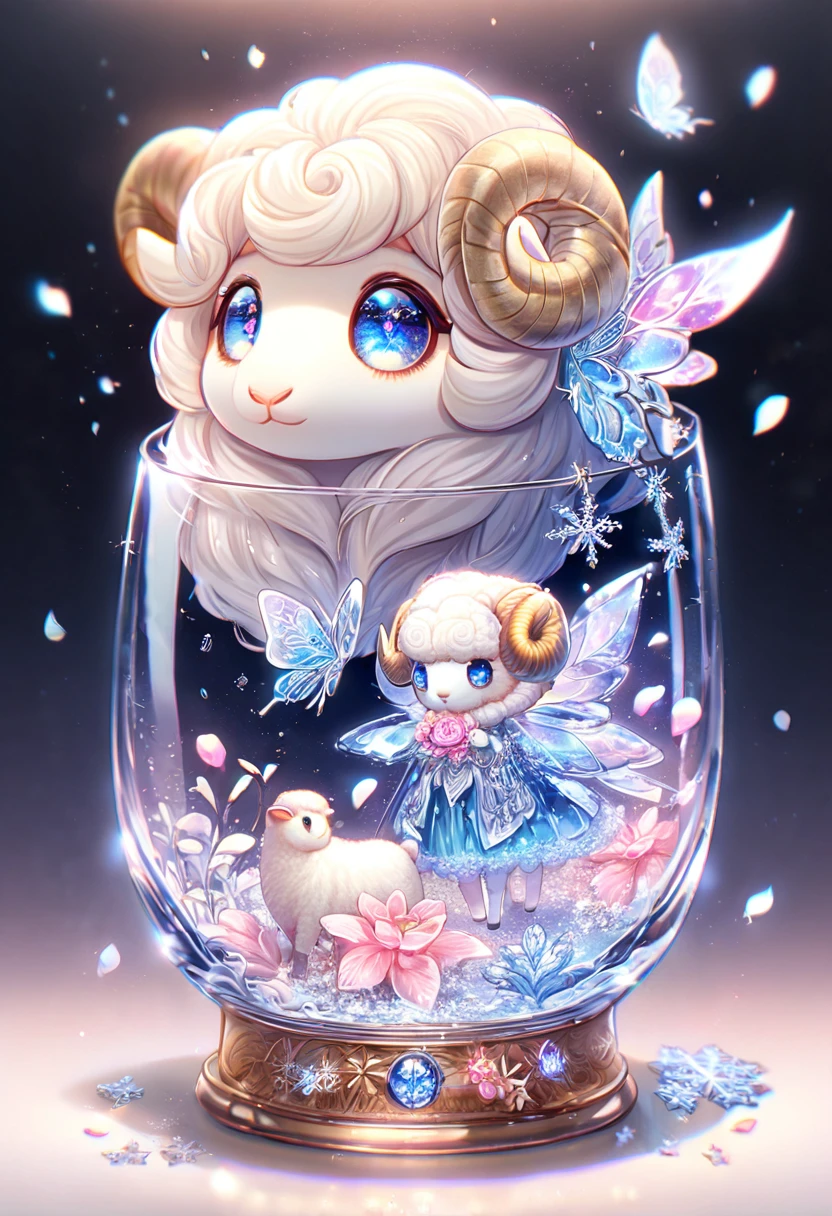 Ultra detailed, HDR, Highres, absurdres, master piece, white sheep, expressive blue eyes, glass, ice glittering butterflies, ice, petals, pink ice glass flowers, cute, glittering, water, fantasy, magical, snowflakes, cold, small and cute,