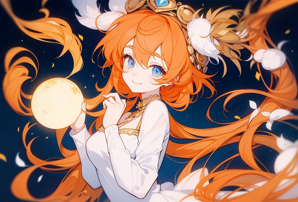 Half-length statue of a girl，Wearing a noble white shirt，Sweet smile，beautiful orange hair，using accessories，Beautiful blue eyes，Draw the character's body below the chest