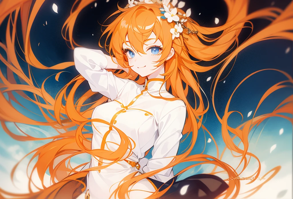 Half-length statue of a girl，Wearing a noble white shirt，Sweet smile，beautiful orange hair，using accessories，Beautiful blue eyes，Draw the character's body below the chest