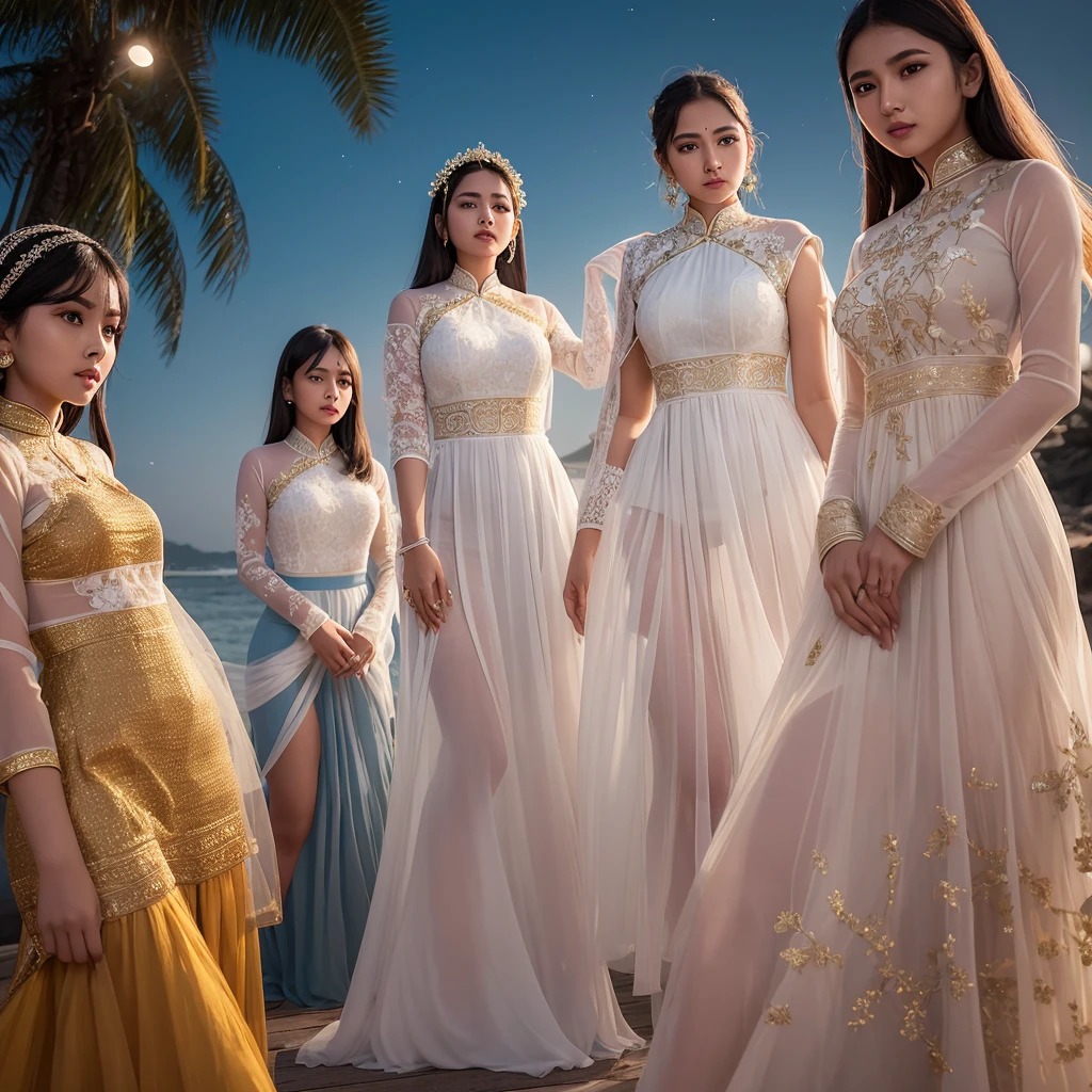 Un groupe de jeunes femmes indiennes aux visages admirablement beaux, porter un ao dai vietnamien court et moulant，jupes,Matériau de gaze，Transmission de la lumière， Beaucoup de détails vestimentaires, refléter le clair de lune, at nuit, par la mer, L&#39;un des personnages&#39;les pieds sont levés，Pose，nuit，La lumière de la lune brille à travers les vêtements，haute définition, éclairage et ombres détaillés, haute définition photography, Nombril sexy à gros décolleté profond, près de l&#39;eau, tout le corps est mouillé， [les cheveux mouillés，Tirer la langue，Bave，Expressions obscènes，lécher, portrait en pied