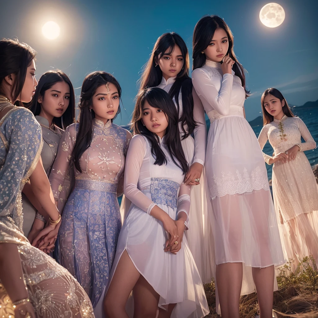 Un groupe de jeunes femmes indiennes aux visages admirablement beaux, porter un ao dai vietnamien court et moulant，jupes,Matériau de gaze，Transmission de la lumière， Beaucoup de détails vestimentaires, refléter le clair de lune, at nuit, par la mer, L&#39;un des personnages&#39;les pieds sont levés，Pose，nuit，La lumière de la lune brille à travers les vêtements，haute définition, éclairage et ombres détaillés, haute définition photography, Nombril sexy à gros décolleté profond, près de l&#39;eau, tout le corps est mouillé， [les cheveux mouillés，Tirer la langue，Bave，Expressions obscènes，lécher, portrait en pied