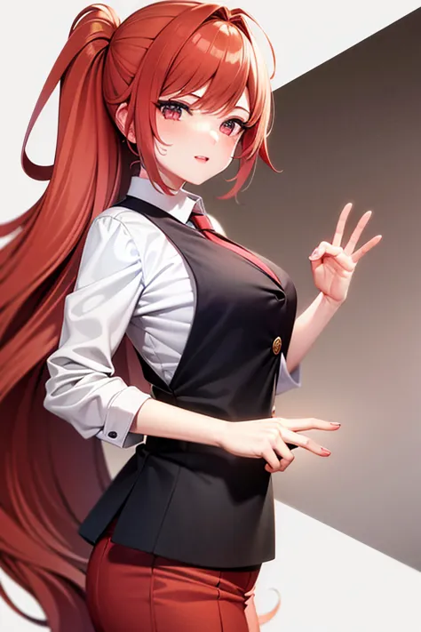 anime style illustration featuring a young woman with long red hair standing in a red suit. she wears a  consisting of a red blo...