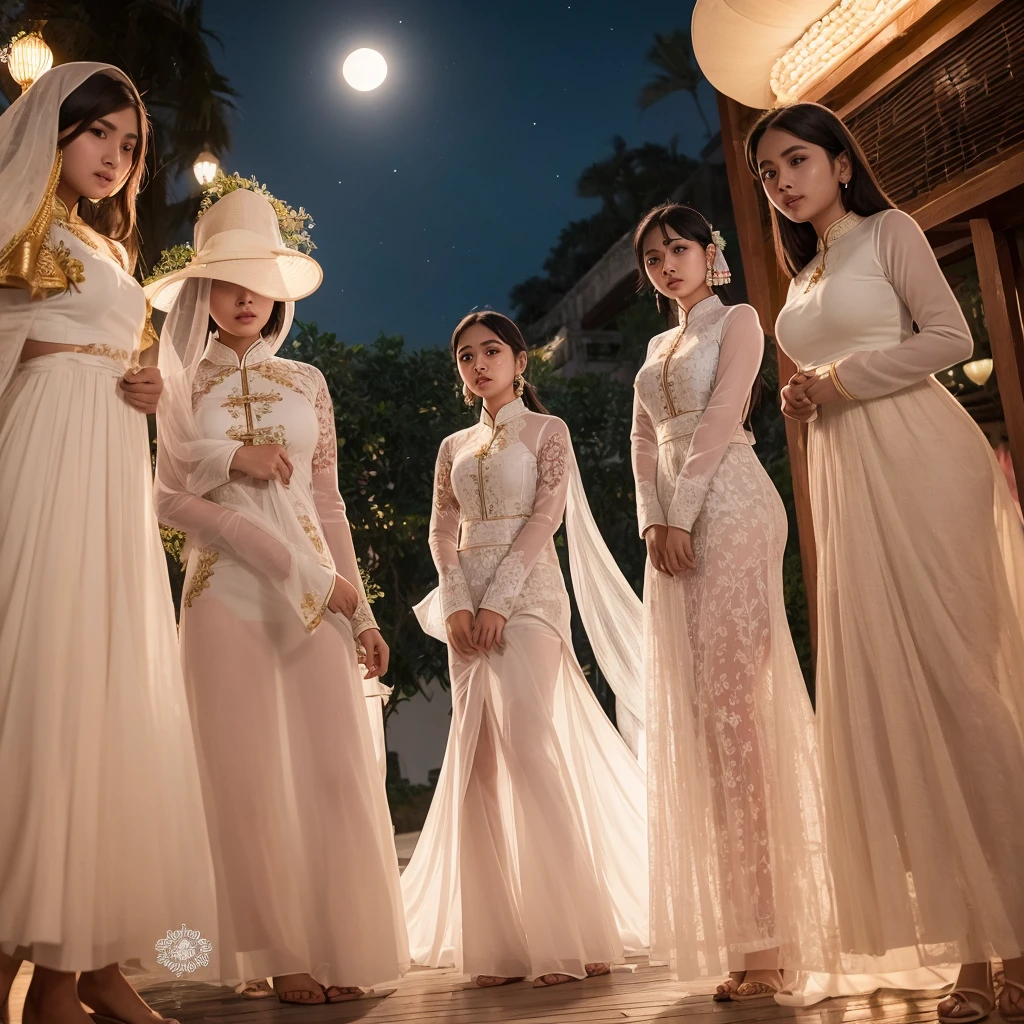 A group of young indian women with admirable beautiful faces, wearing tight short vietnamese ao dai，skirts,Gauze material，Light transmission， lots of clothing details, reflect moonlight, at night, by the sea, One of the character&#39;s feet is raised，pose，night，Moonlight shines through clothes，high-definition, detailed lighting and shadows, high-definition photography, Big deep cleavage sexy navel, by the water, The whole body is wet， wet hair，Sticking out tongue，Slobber，Obscene expressions，licking, full-body portrait shot