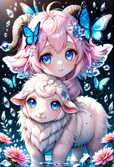 Ultra detailed, HDR, Highres, absurdres, master piece, white sheep, expressive blue eyes, glass, ice glittering butterflies, ice...