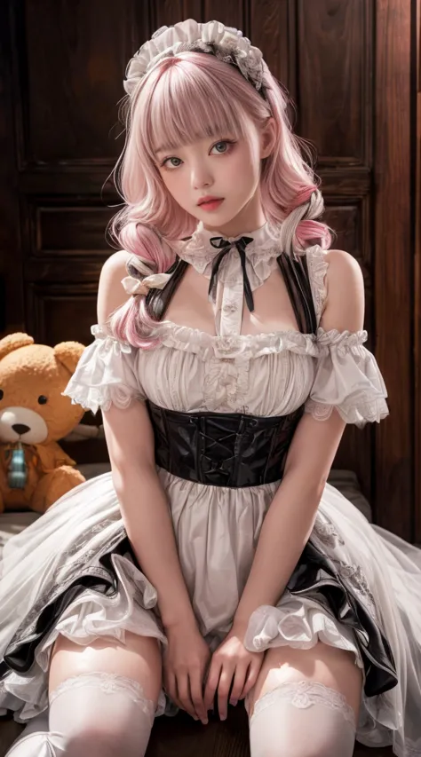 mature woman、pink hair、light grey hair、((two-tone hair))、age 25、20s white lolita dress with delicate pink embellishments、slender...