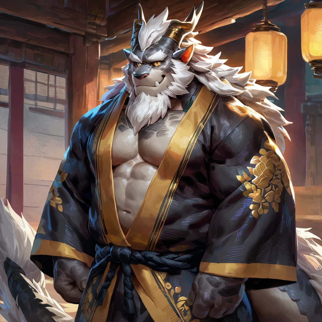 (artist: jacketbear, lindong, null-ghost, dangpa) 1male, sfw, eastern dragon, , bara, (indoors),lamp lighting, one fluffy tail, old man, fluffy mane, , grey body, white hair, detailed background, dark shadows, solo, scales, detailed scales, golden decals, open black and gold kimono, branch horns, sharp short ears, yellow iris, white sclera, big eyes, white beard, white mustache, sharp iris, thick thighs, muscular legs, veiny, fluffy hair, detailed face:2.0, one tail, masterpiece:2.0, sharp fang, perfect eyes, smug, chest fluff