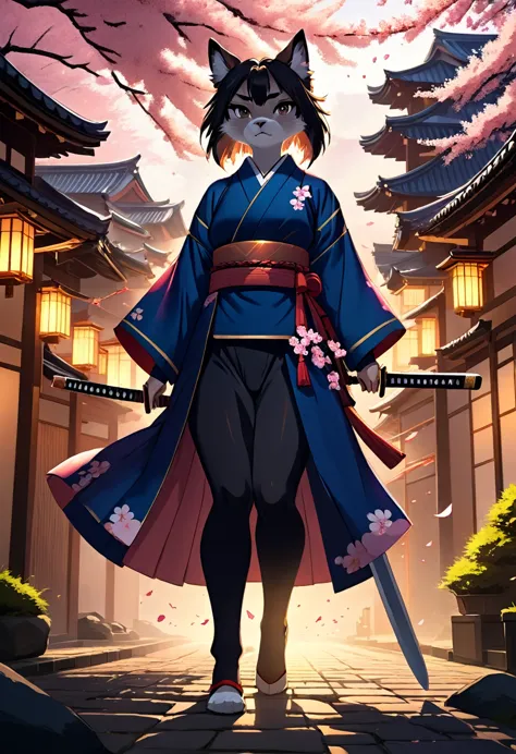 cinematic, highly detailed, 8k, samurai girl, furry, intense facial expressions, vibrant kimono, dramatic duel, Japanese histori...