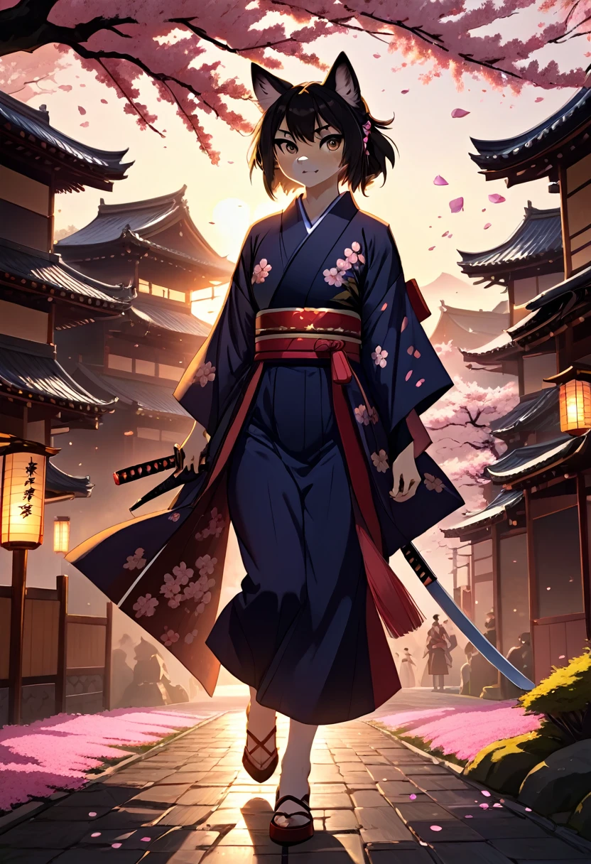 cinematic, highly detailed, 8k, samurai girl, furry, intense facial expressions, vibrant kimono, dramatic duel, Japanese historical drama, climactic scene, twilight in castle town, sword flash, cherry blossom petals in the air, dramatic lighting, golden hour,