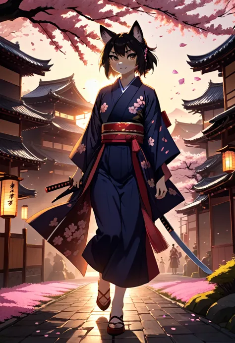 cinematic, highly detailed, 8k, samurai girl, furry, intense facial expressions, vibrant kimono, dramatic duel, Japanese histori...