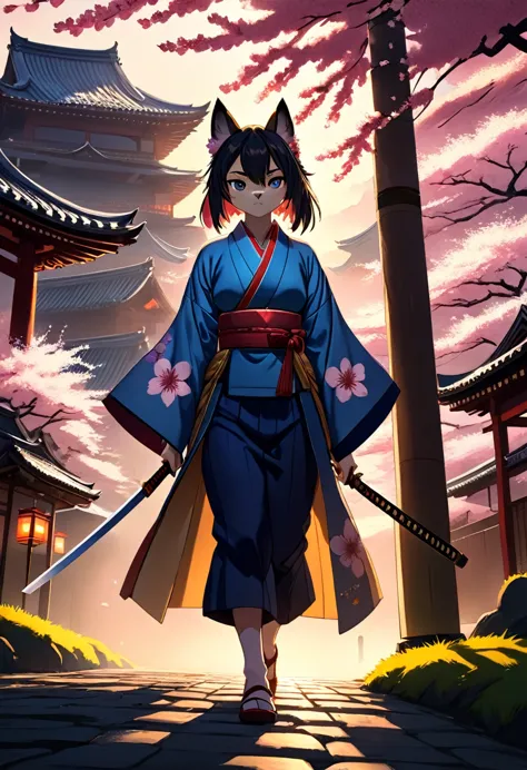 cinematic, highly detailed, 8k, samurai girl, furry, intense facial expressions, vibrant kimono, dramatic duel, Japanese histori...