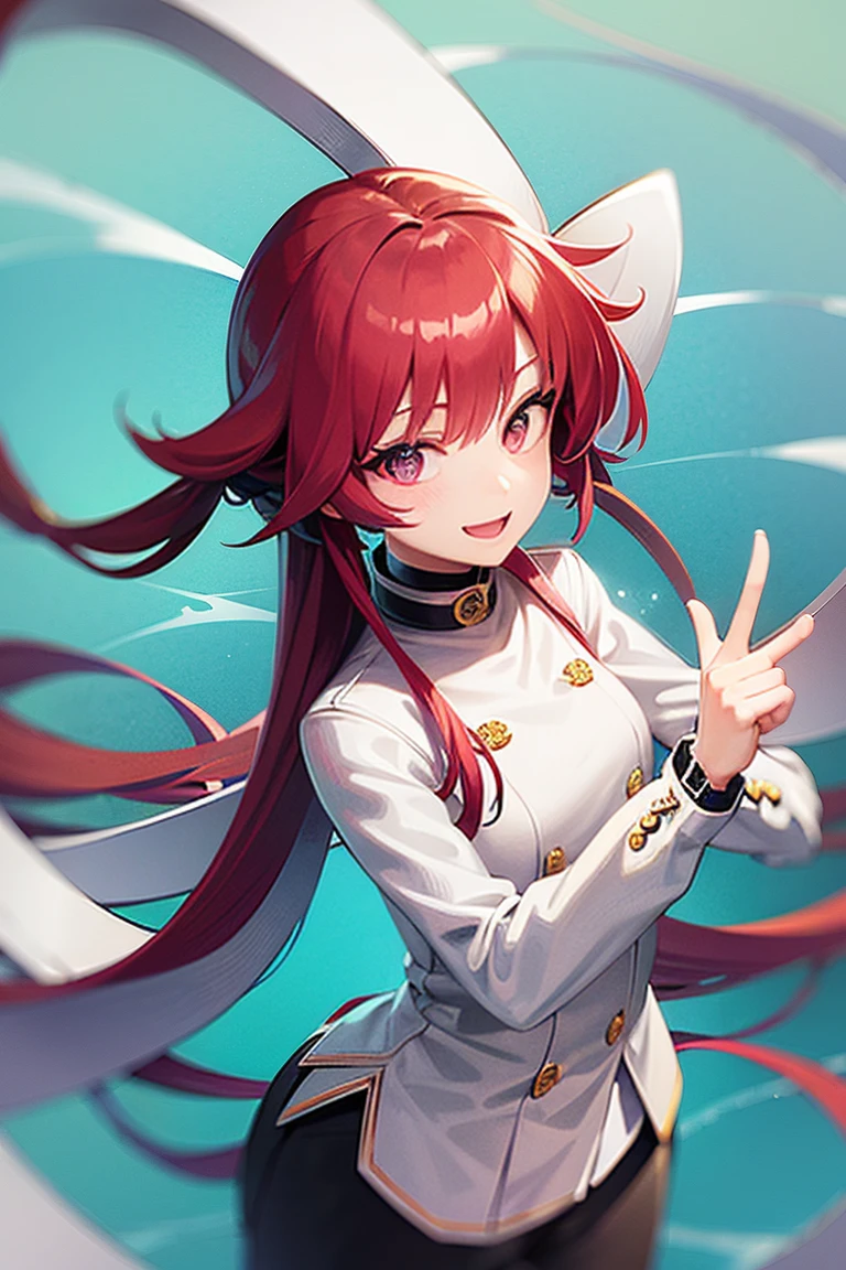 2D anime style illustration, 8k, featuring a young woman with long red hair, standing, wearing an elegant red suit. She has her eyes open anime style and in her hands she holds a large, completely blank sign spread lengthwise, giving a happy and serene expression. totally white background. The lighting is vivid and lively which enhance your happiness