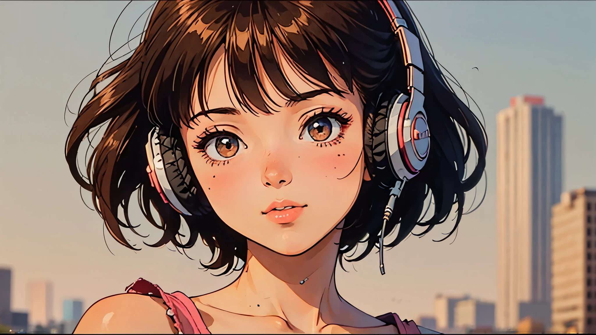 A girl, 80s anime style, retro, lo-fi, piercing, wearing headphones, upper body, solid white background