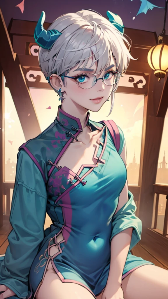 8k, masterpiece, best quality, highly detailed, 1 girl, tiefling, warlock, multicolored hair, very short straight hair green highlight hair on white hair, strippled hair, wearing glasses, round glasses, earrings, red eyeshadow, long eyelashes,navel piercing, blushed cheek, necklace, collarbone, mole, glamorous, purple and teal clothing, villainy, smirk, seductive face, close up view, rings, looking at viewer, demon horns, solo, chinese dress, ballroom, palace, blue pale moon, sitting, 