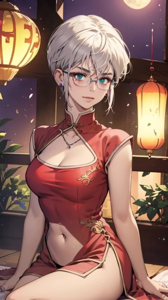 8k, masterpiece, best quality, highly detailed, 1 girl, tiefling, warlock, multicolored hair, very short straight hair green highlight hair on white hair, strippled hair, wearing glasses, round glasses, earrings, red eyeshadow, long eyelashes,navel piercing, blushed cheek, necklace, collarbone, mole, glamorous, purple and teal clothing, villainy, smirk, seductive face, close up view, rings, looking at viewer, demon horns, solo, chinese dress, ballroom, palace, blue pale moon, sitting, 