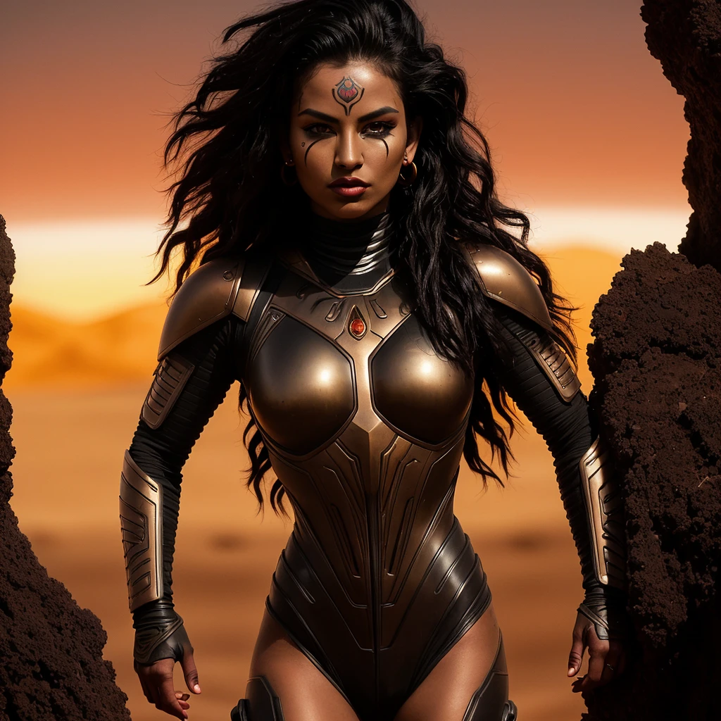 dark saiyan hair, young maui female with alien face tattoos, face lip nose piercings, alien dry brown dusty desert, sunset, reflection, specular, realistic, dark shadows, texture, details, 4k high resolution, high contrast, cinematic beauty shot, VFX, sci fi organic bronze alien textured bodysuit bioarmor
