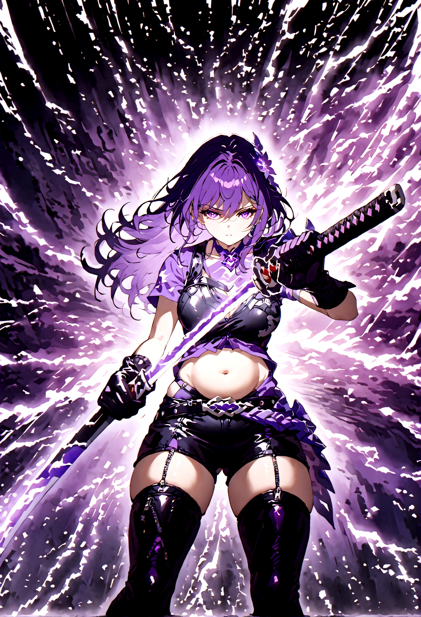 Anime girl with very long dark purple hair and a flower hair accessory wearing black short jeans with latex socks and a sport shoes wearing a cut shirt with no sleeves and half cut from below showing her belly with a black vest with short latex gloves purple glowing eyes holding katana in her hands her elemental power is purple thunder 