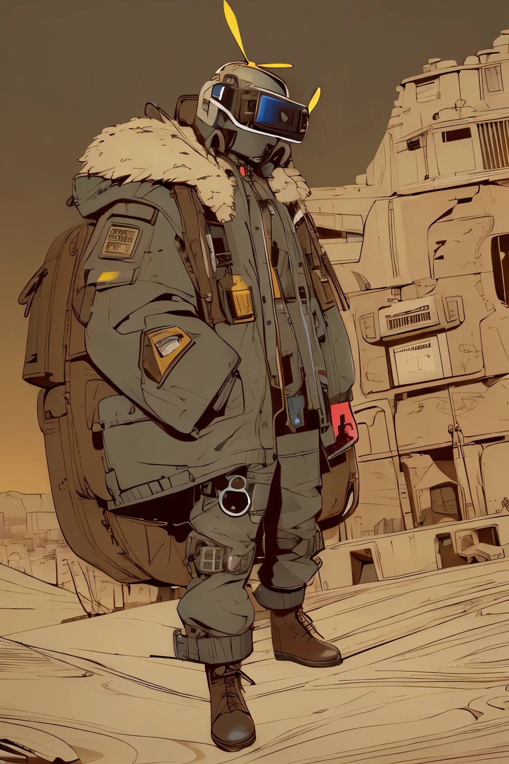 full body image, (ultra detailed,ultra high res,detailed background),((2D)),((flat color)),((muted color)), 1solo, looking at viewer, baggy geometric patterned flight suit, large shearling collared bomber jacket, (big yellow galoshes), plush collar, full body image, wearing vr goggles, ((baron desert intricut background)), ((apocalyptic city)), entire body in frame, ((drone next to her))