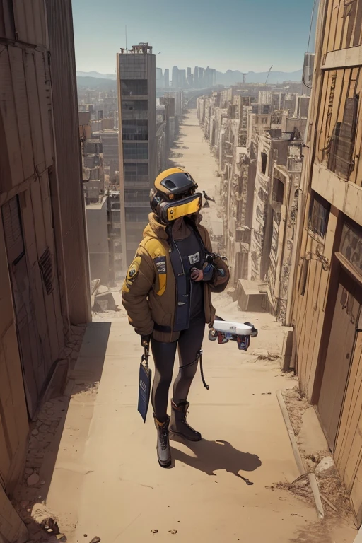 full body image, (ultra detailed,ultra high res,detailed background),((2D)),((flat color)),((muted color)), 1solo, looking at viewer, baggy geometric patterned flight suit, large shearling collared bomber jacket, (big yellow galoshes), plush collar, full body image, wearing vr goggles, ((baron desert intricut background)), ((apocalyptic city)), entire body in frame, ((drone next to her))