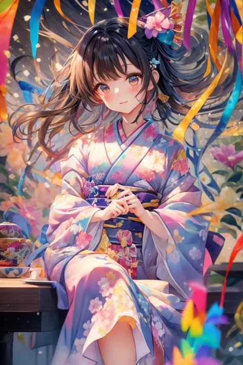 anime girl in kimono outfit sitting on a table with colorful streamers, in kimono, anime style 4k, by yuumei, in kimono, anime a...