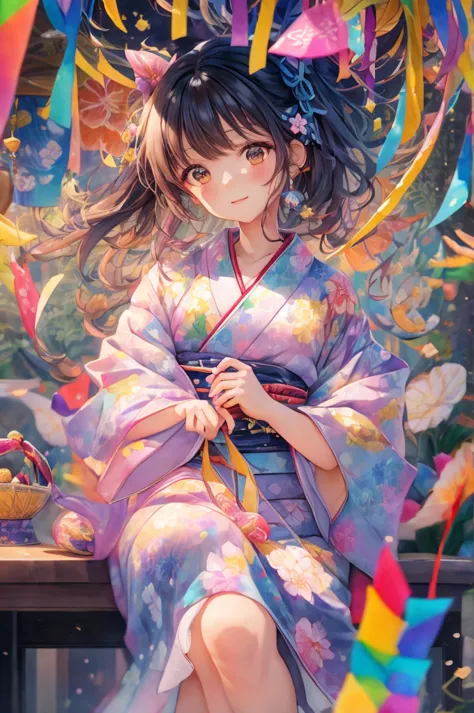 anime girl in kimono outfit sitting on a table with colorful streamers, in kimono, anime style 4k, by yuumei, in kimono, anime a...