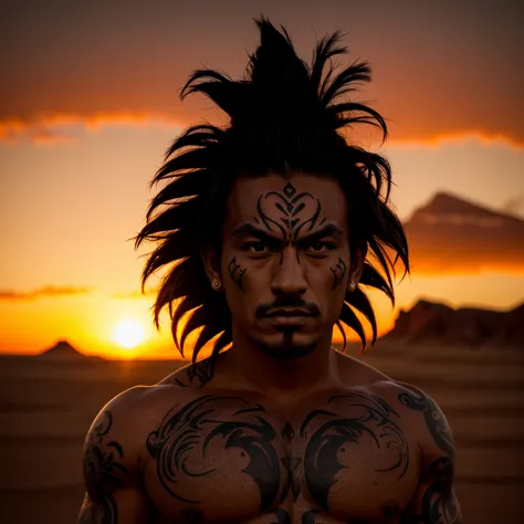 dark saiyan hair, rough looking maui male with alien face tattoos, face lip nose piercings, alien dry brown dusty desert, sunset...