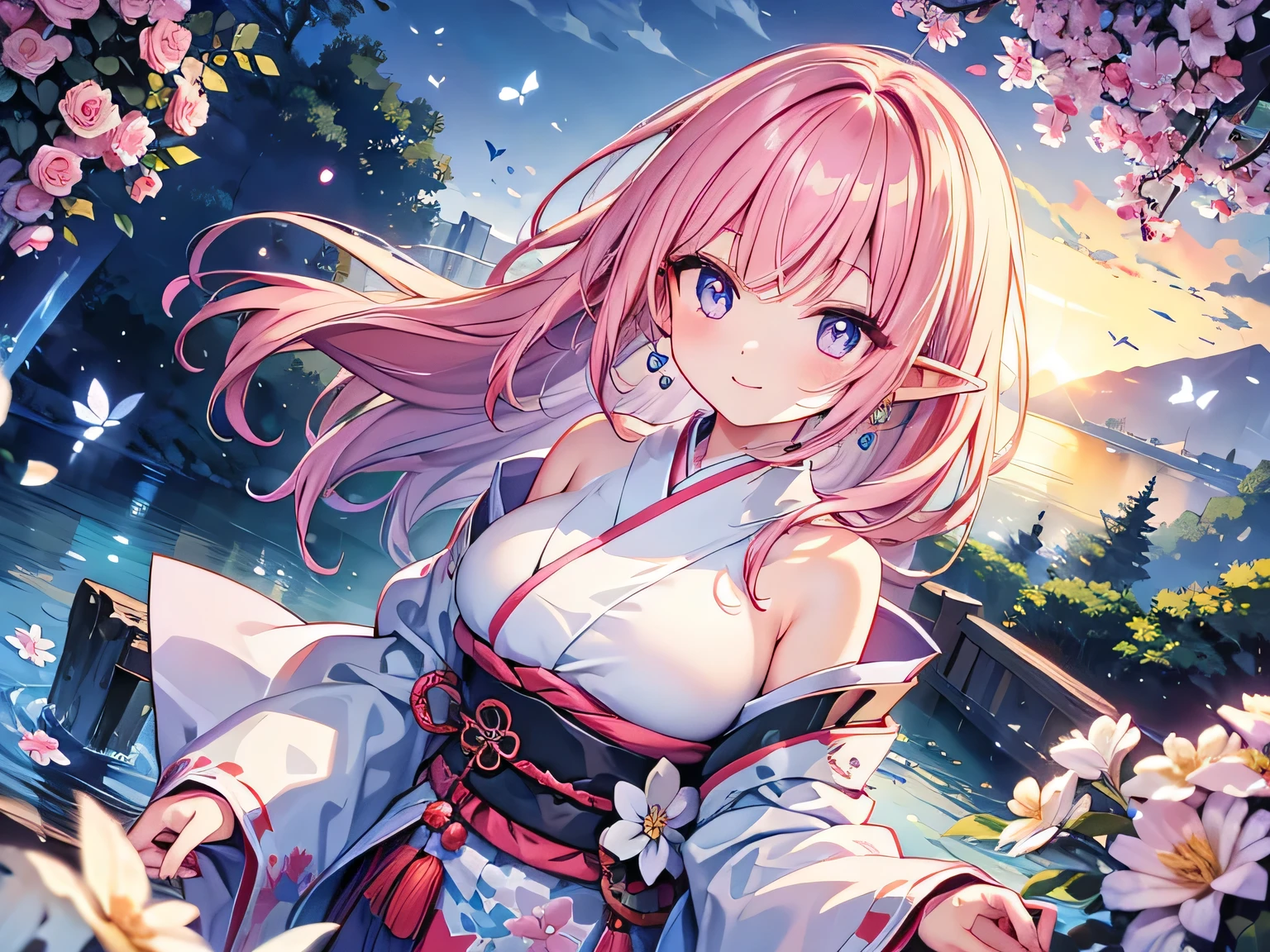 pink hair, bangs, hair behind ear, long hair, kanzashi, eye reflection, longeyelashes, earrings, light smile, bright pupils, anime style, first-person view, textured skin, masterpiece, high details, best quality, Elf woman, wearing traditional Japanese costume, large breasts, floral embroidery, Japanese style, bare breasts, white shoulders