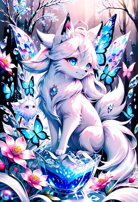 Ultra detailed, HDR, Highres, absurdres, master piece, white fox, Ninetales, expressive blue eyes, glass, ice glittering butterf...
